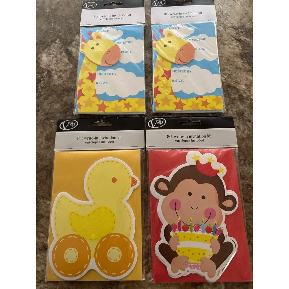 Voila 32ct Kids Birthday Party Invitation Kits Giraffe Duck Monkey Envelopes NEW